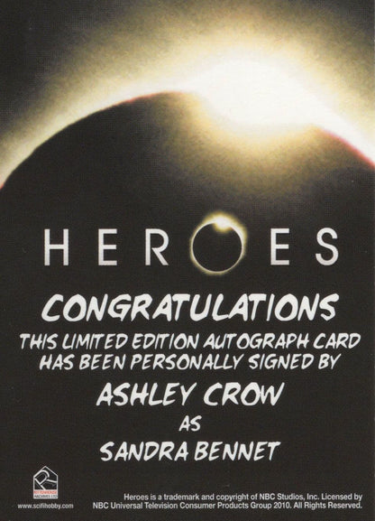 Ashley Crow Heroes TV Show Hand Signed Autograph Card