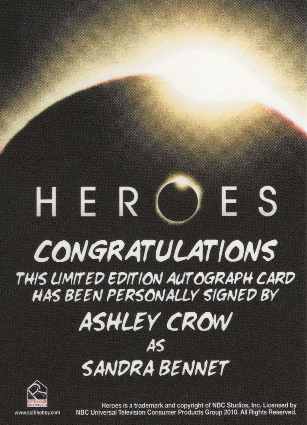 Ashley Crow Heroes TV Show Hand Signed Autograph Card