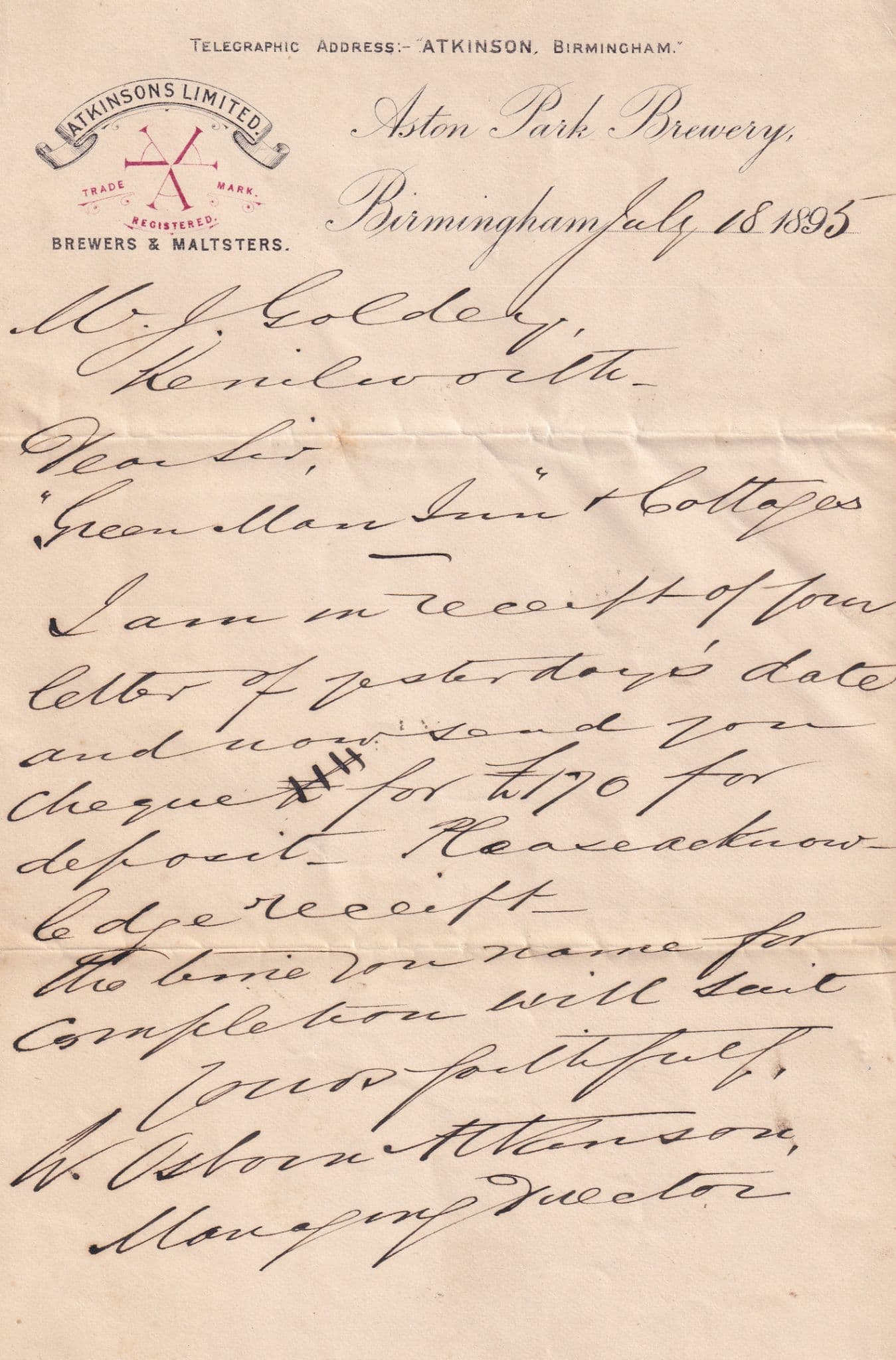 Aston Park Brewery Birmingham MD Victorian 1895 Hand Signed Letter