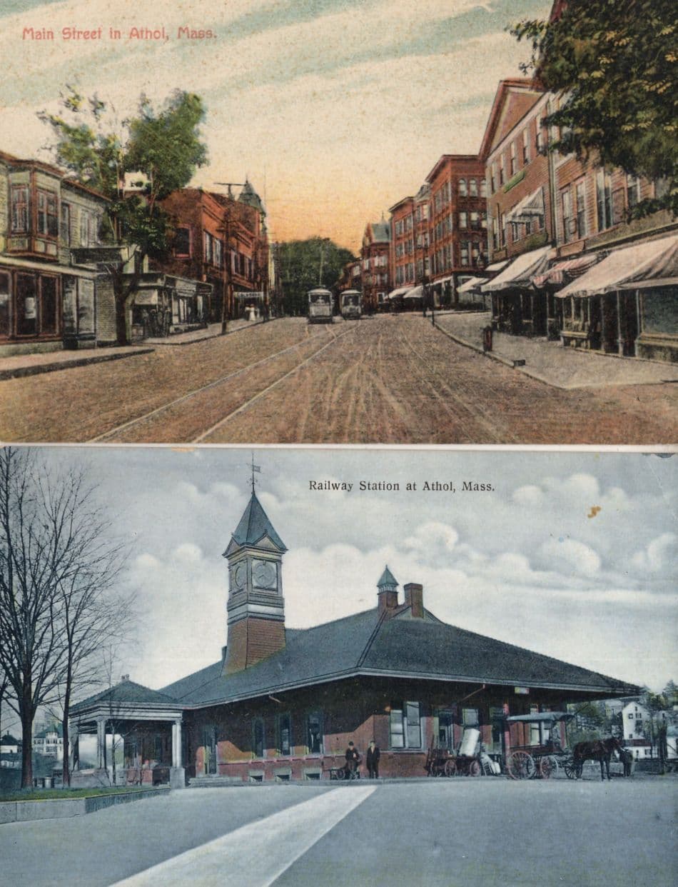 Athol Main Street & Railway Station Massachusetts 2x Old USA Postcard