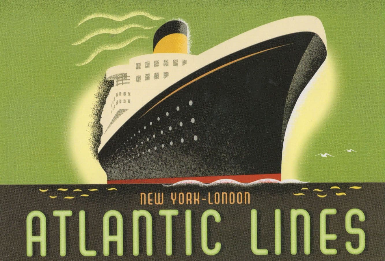 Atlantic Lines Ferry Ship New York To London Travel Painting Postcard