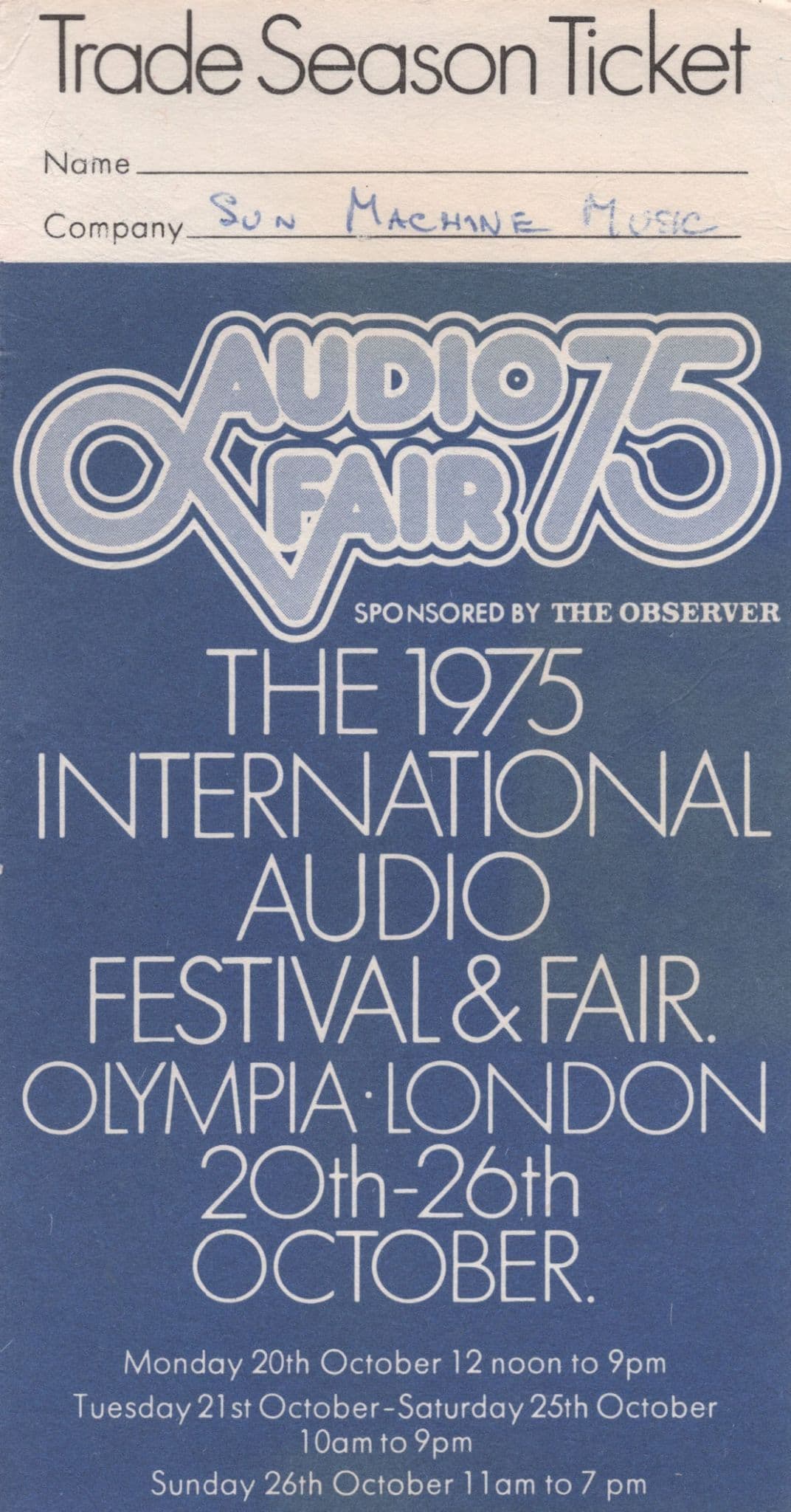 Audio Festival Fair Vintage Hi_Fi Exhibition 1975 London Trade Season Ticke-