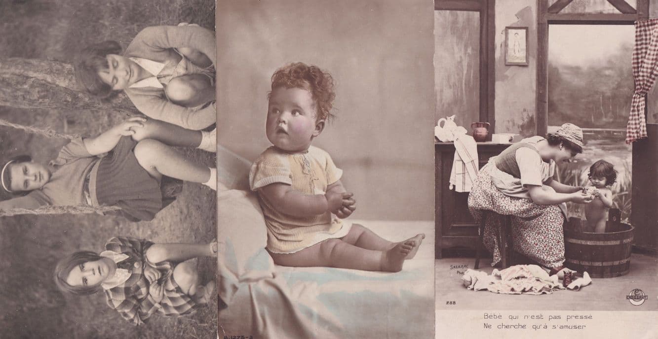 Baby Breakfast in Bath Swings 3x Antique French Children Postcard s