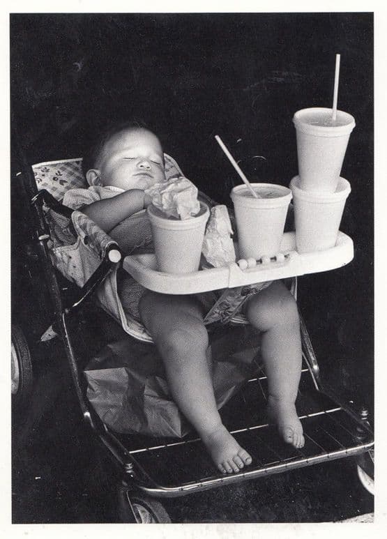 Baby in Pram Full Up On 4 Bottles Of Drink Is It Nappy On Cup Comic RPC Postcard