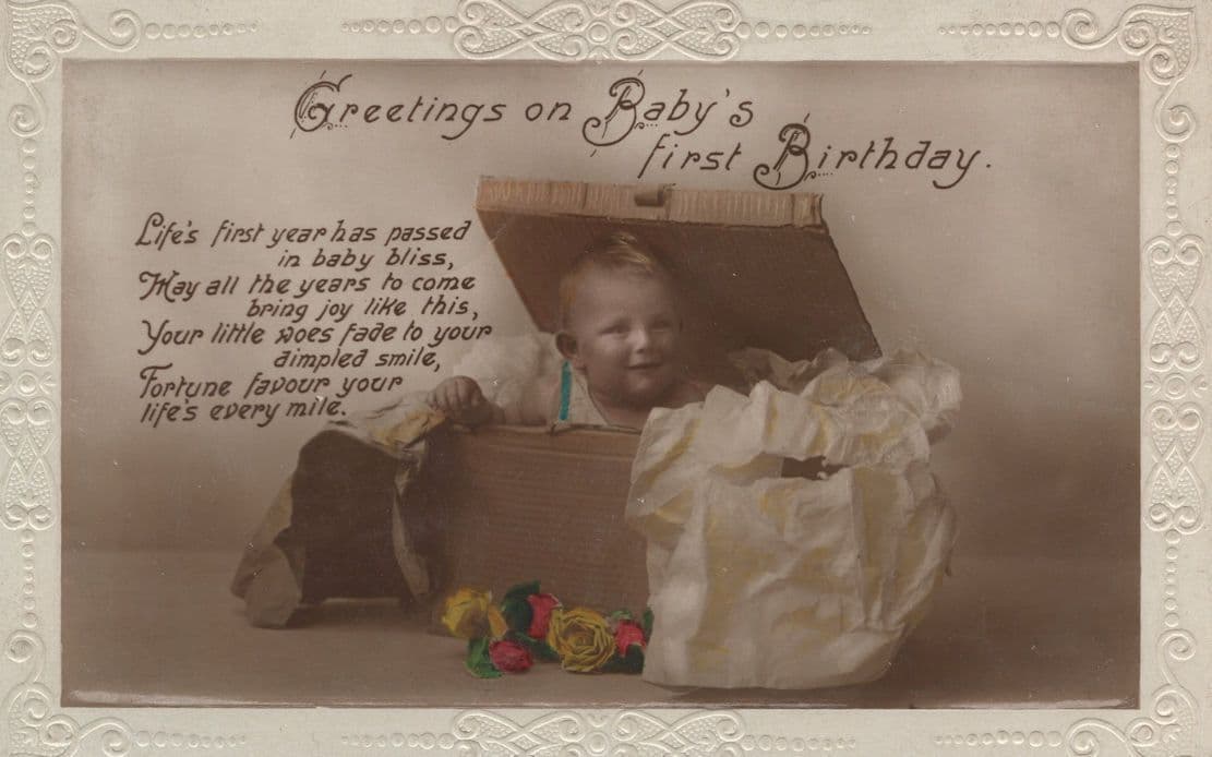 Baby Wrapped Up In A Box Baby's First Birthday Postcard