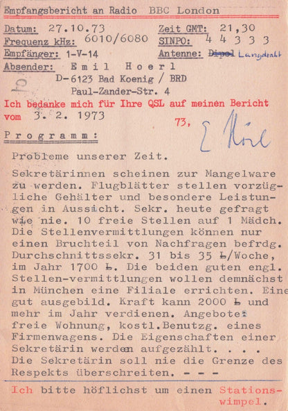 Bad Koenig German Amateur Radio to BBC London QSL Card Postcard