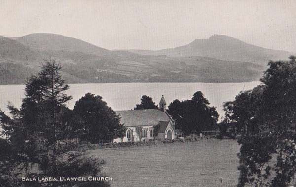 Bala Lake + Llanycil Church Aerial Antique Welsh Postcard