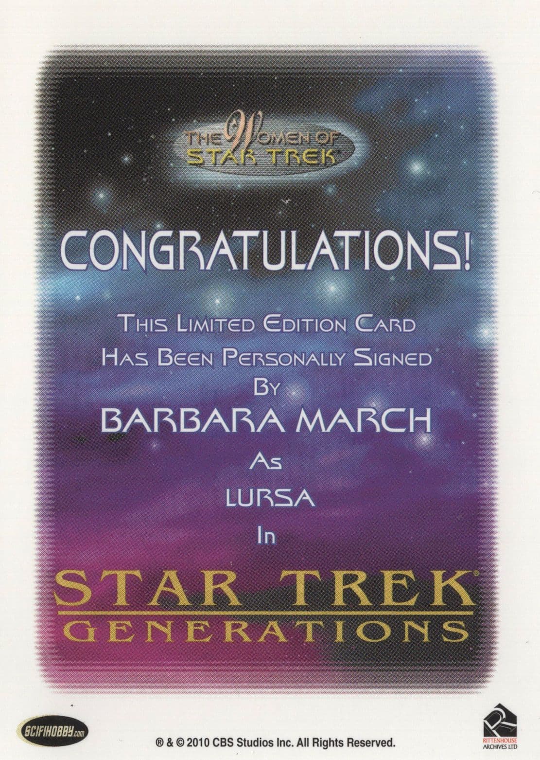 Barbara March Star Trek Generations Hand Signed Autograph Card