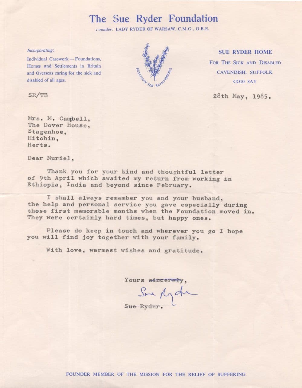 Baroness Sue Ryder Warsaw Official Hand Signed Suffolk Autograph Letter
