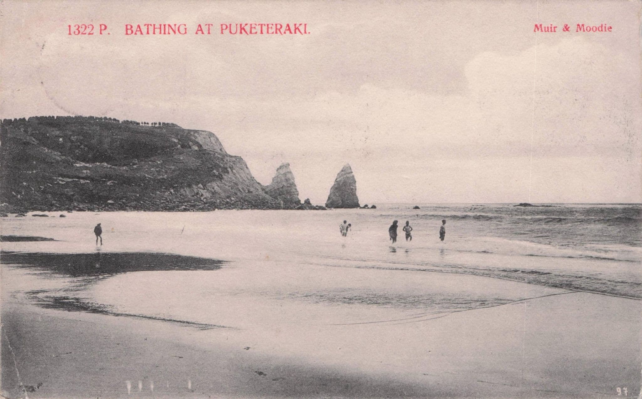 Bathing At Puketeraki Beach New Zealand Muir & Moodie Old Postcard