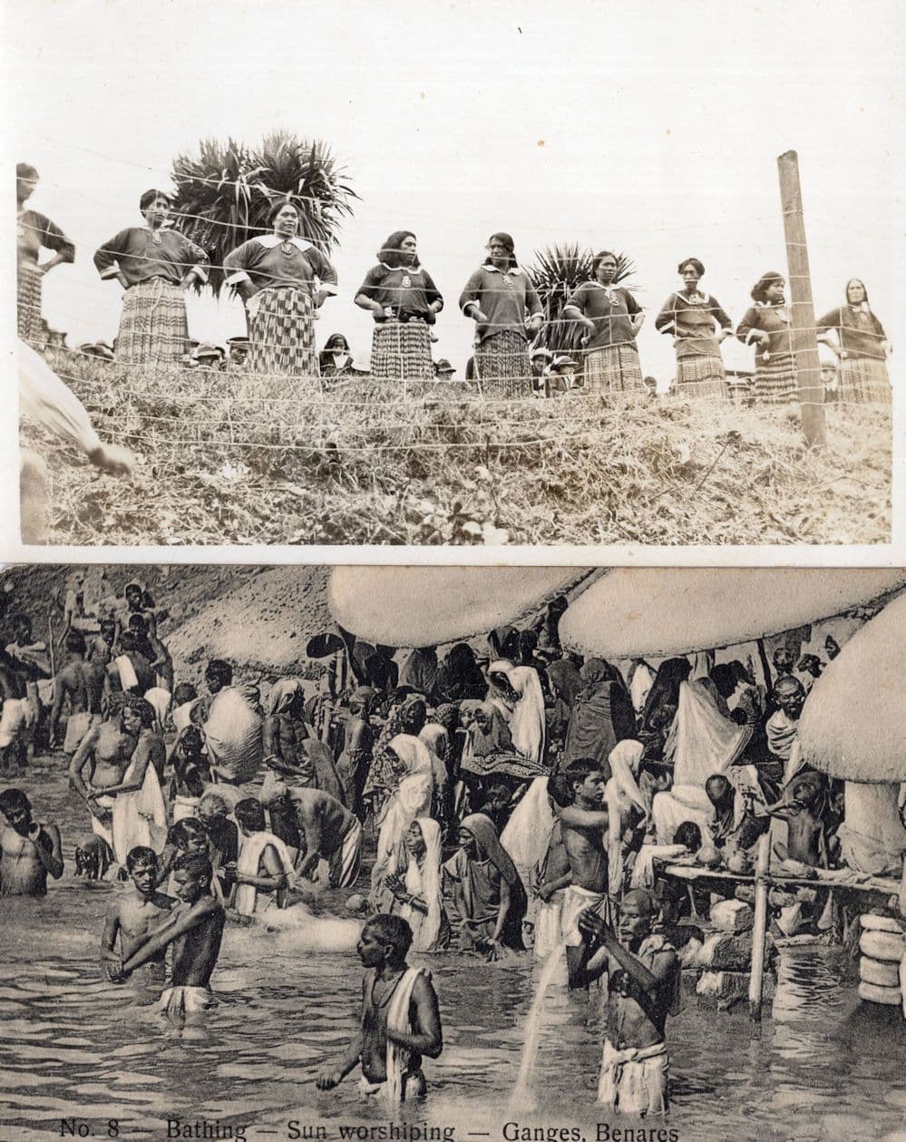 Bathing Sun Worshiping Ganges Benares India Old Postcard & Bonus Rare RPC