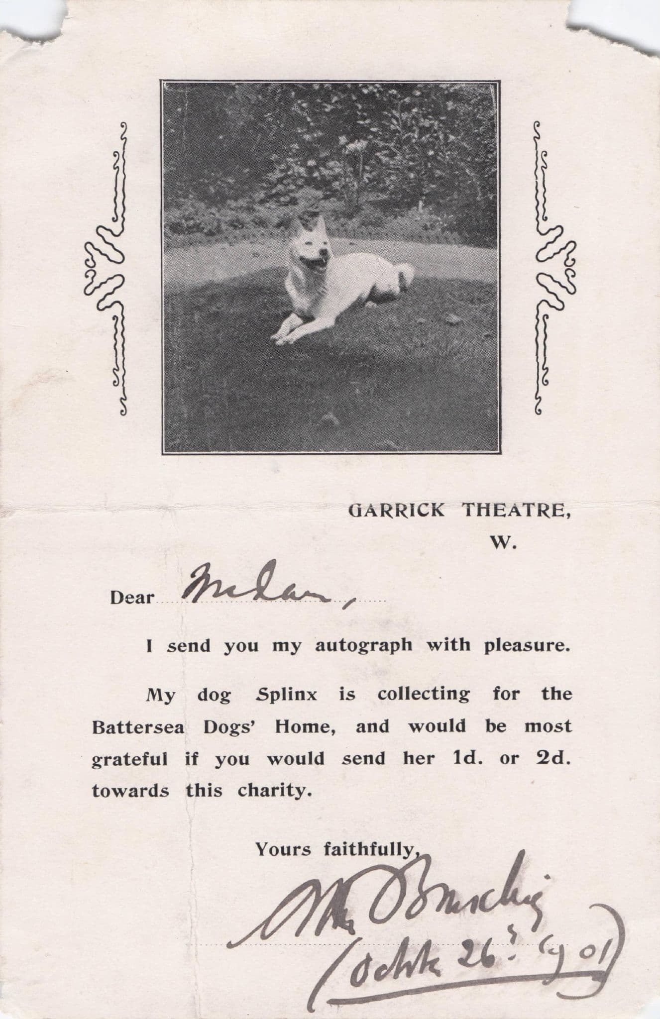 Battersea Dogs Home 1901 Garrick Theatre Actor Hand Signed Autograph