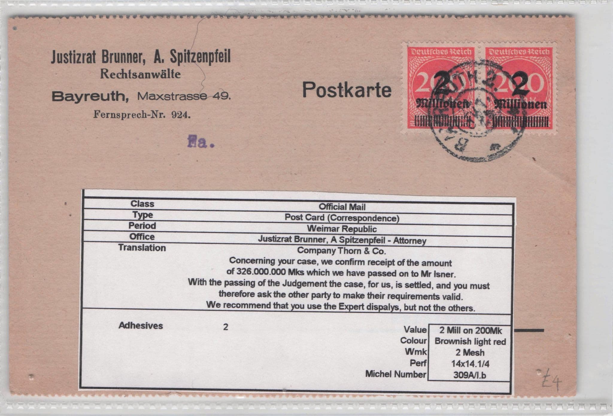 Bayreuth German Attorney Legal Court Case Old 1923 Postcard