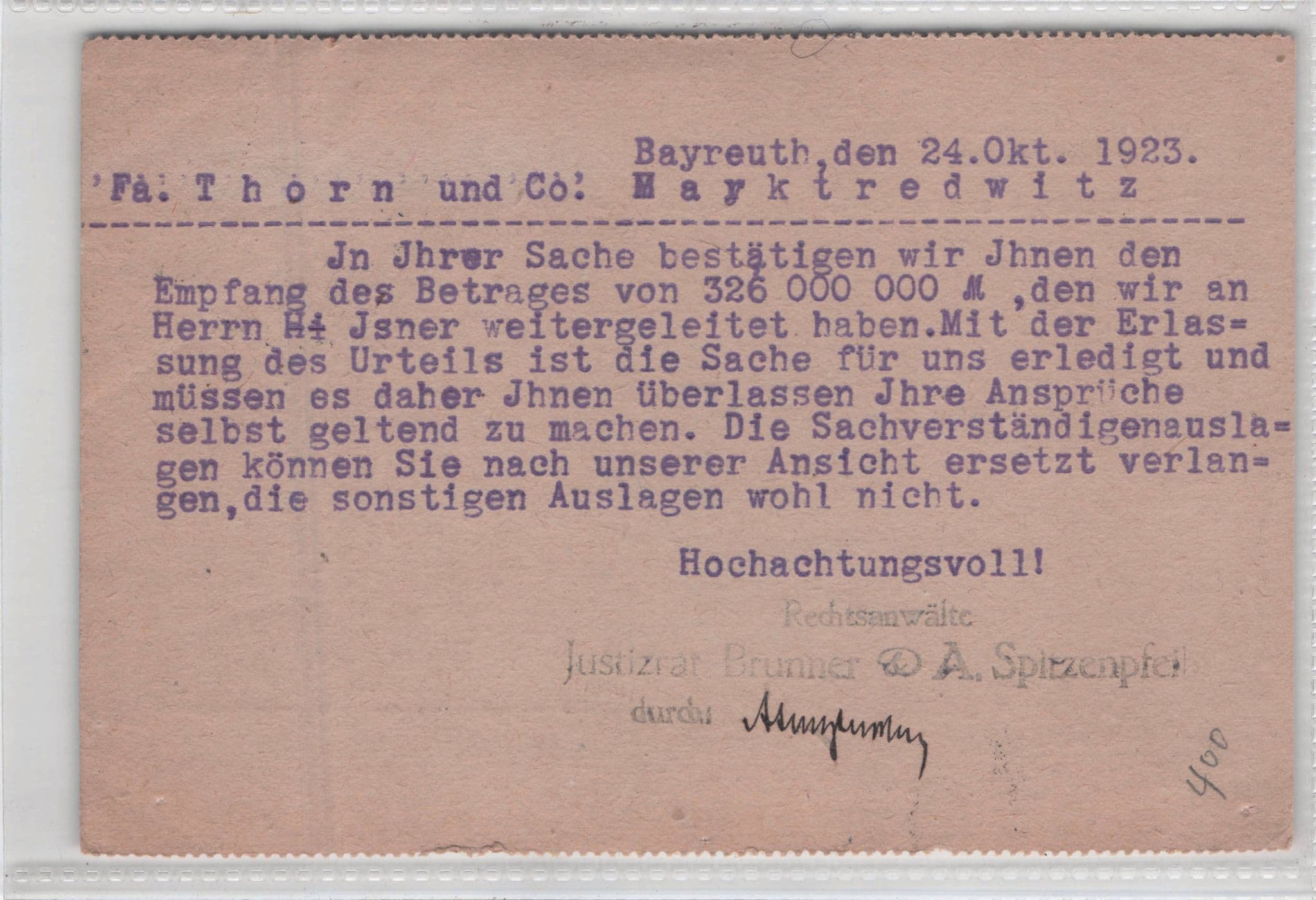 Bayreuth German Attorney Legal Court Case Old 1923 Postcard