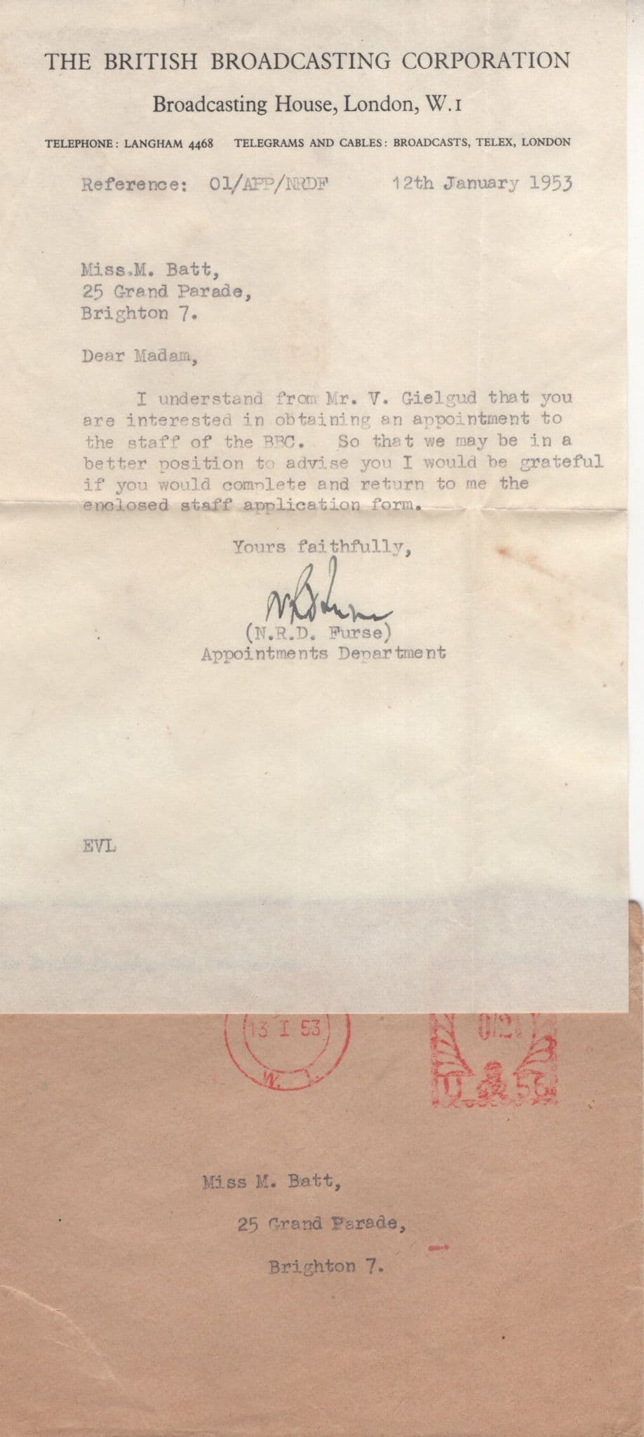 BBC 1953 Job Letter Hand Signed Val Gielgud Secretary