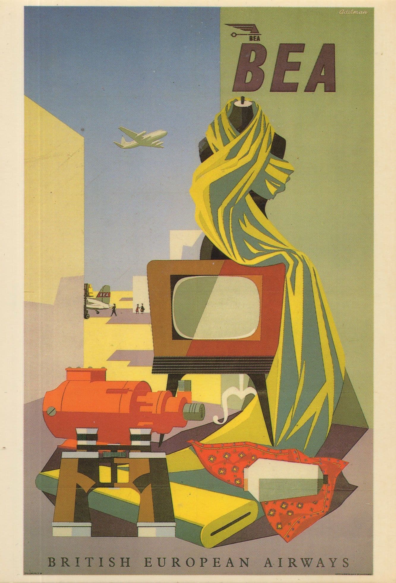 BEA British European Airways Plane Flight TV Set Advertising Postcard
