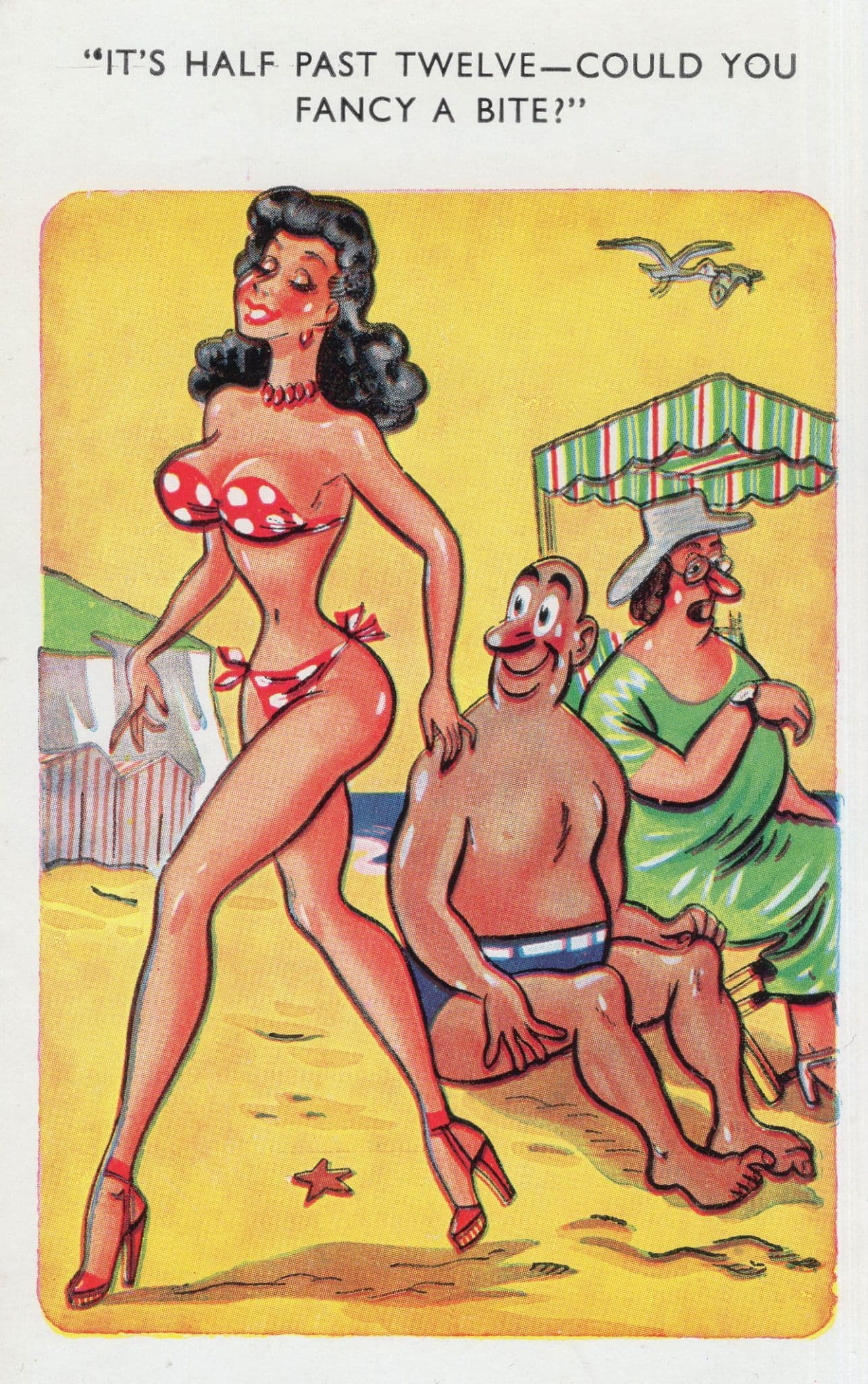 Beach Dinner For Man Sexy Lady Red Stilettos Comic Postcard