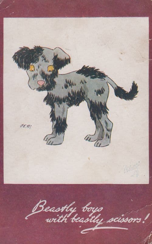 Beastly Boys With Scissors Barber Barbering A Dog Cruelty Old Comic Postcard