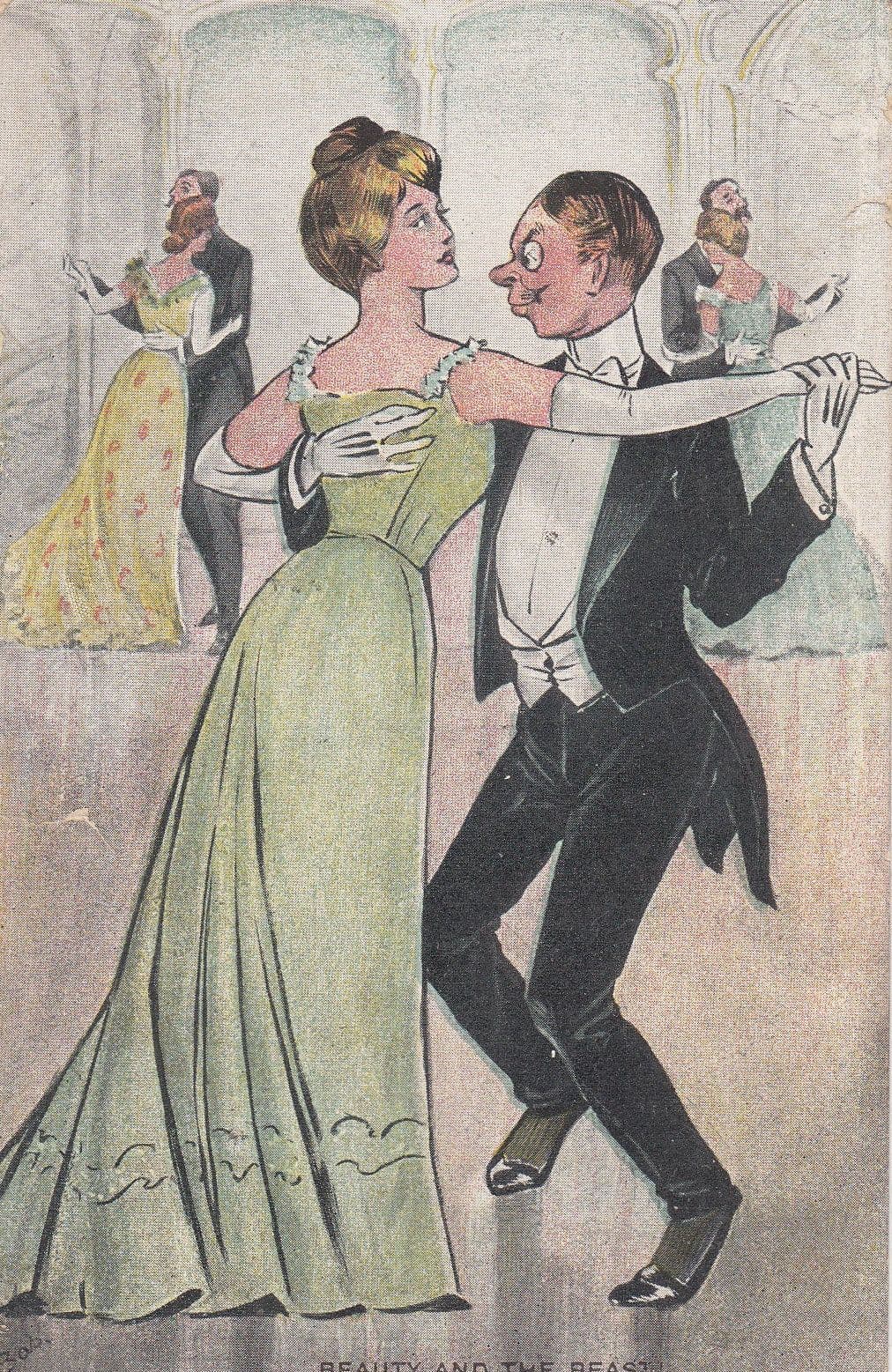 Beauty & The Beast Antique Comic Ballroom Dancing Postcard