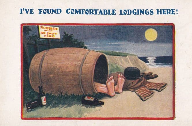 Beer Barrell Man Sleeping as Tramp Bad Lodger Lodgings Old Comic Humour Postcard