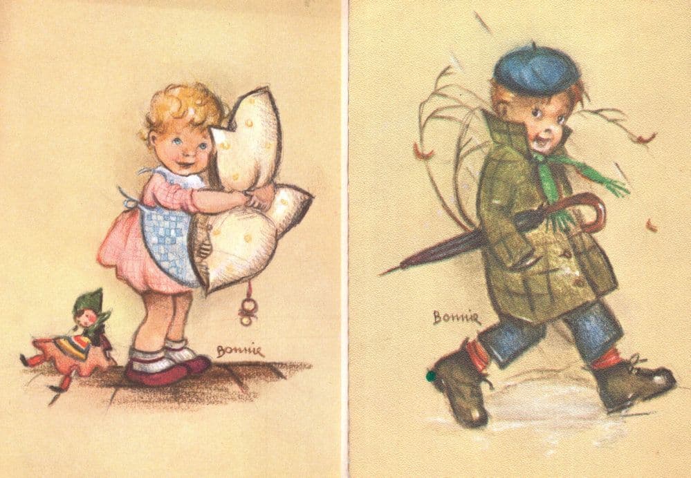 Belgium Child & Pixie Elf Toy Doll Raincoat 2x 1970s Postcard s
