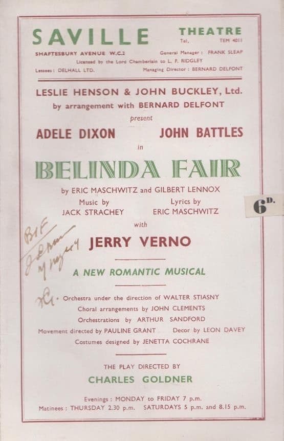 Belinda Fair Adele Dixon Musical WW2 Saville London Theatre Programme