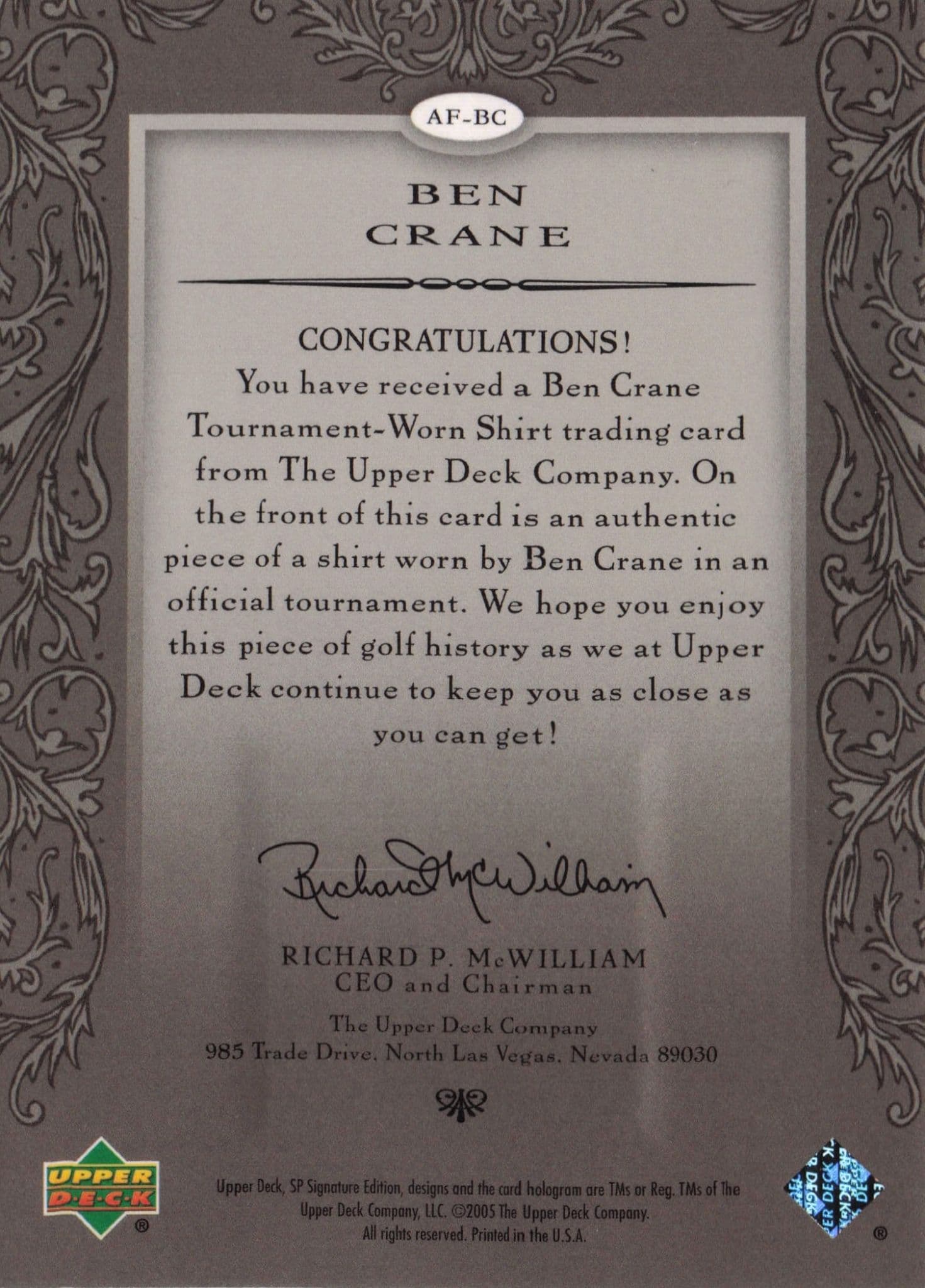 Ben Crane Authentic Fabrics 2005 Golf Upper Deck Worn Shirt Card