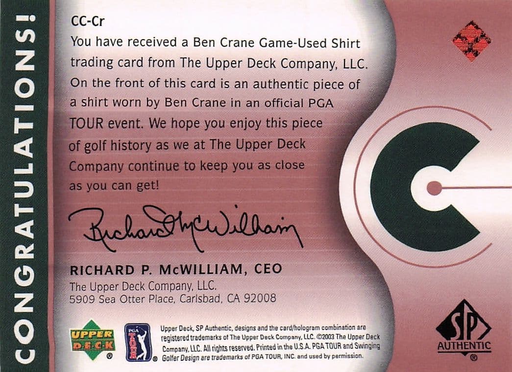 Ben Crane Course Classics 2003 Authentic Worn PGA Tour Golf Shirt Card