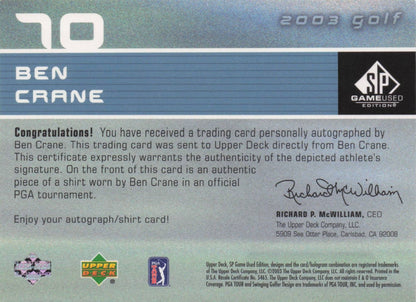 Ben Crane First Tee SP 2003 Golf Hand Signed Worn PGA Shirt Card