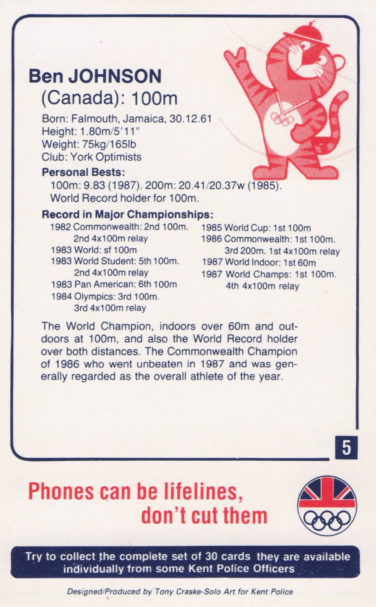 Ben Johnson Canada Athletics Olympics 1988 Rare Police Trade Photo Card