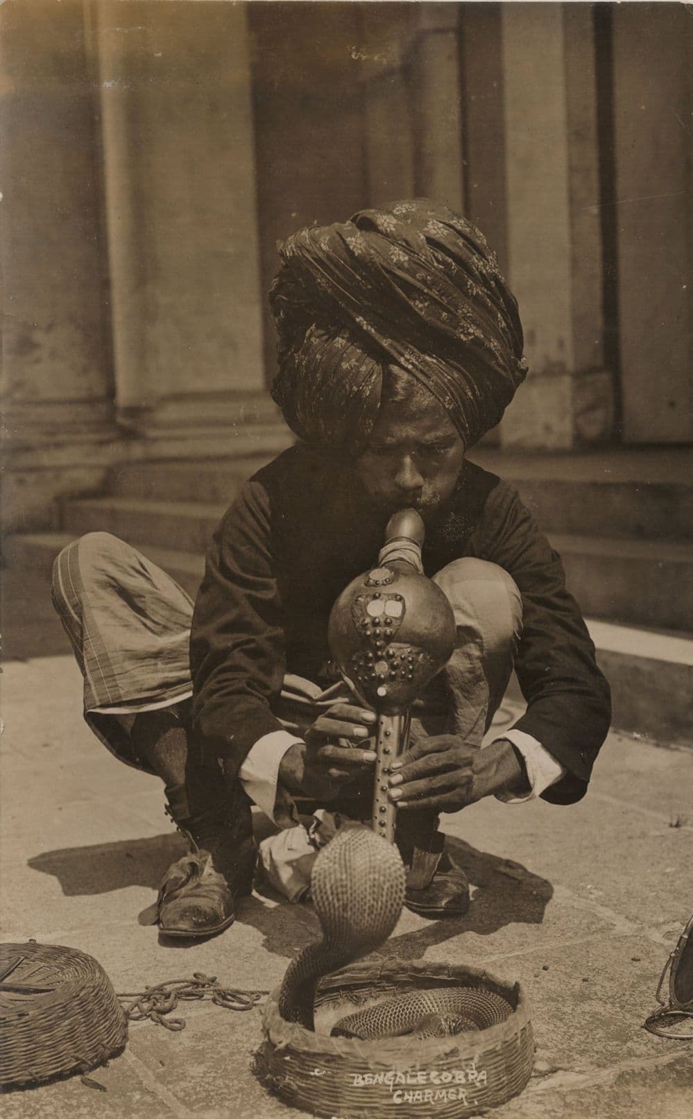 Bengal Singapore Snake Cobra Charmer Pungi Flute Old Real Photo Postcard