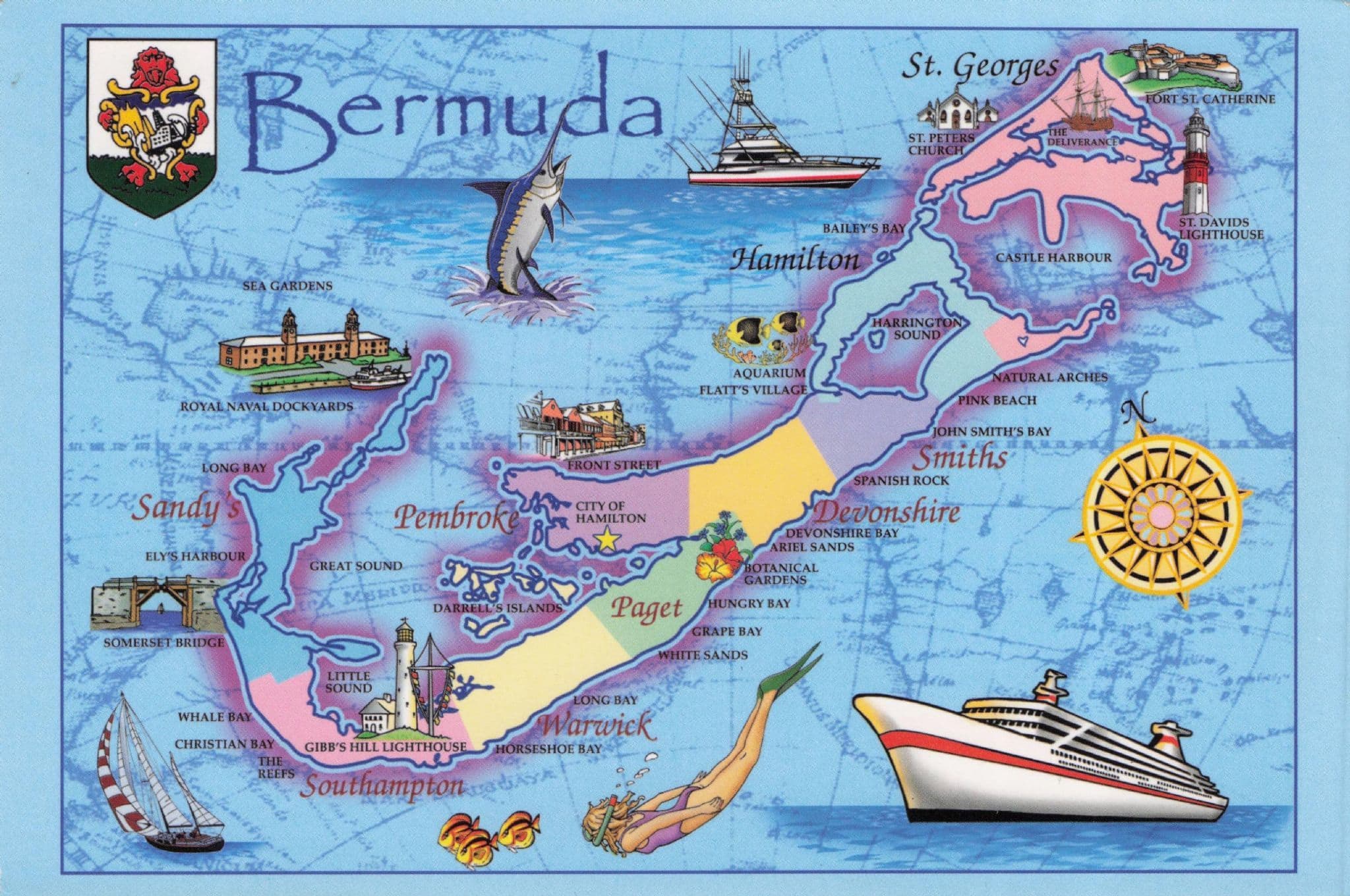 Bermuda Map Boat Ferry Compass & Stamp Postcard