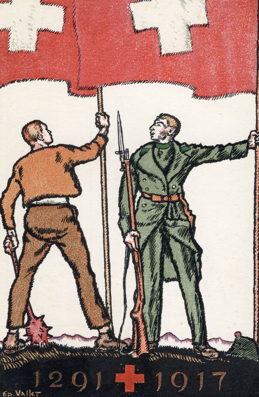 Bern Federal Feir Military  Switzerland Soldiers 1291 & 1917 Swiss Flag Old Postcard