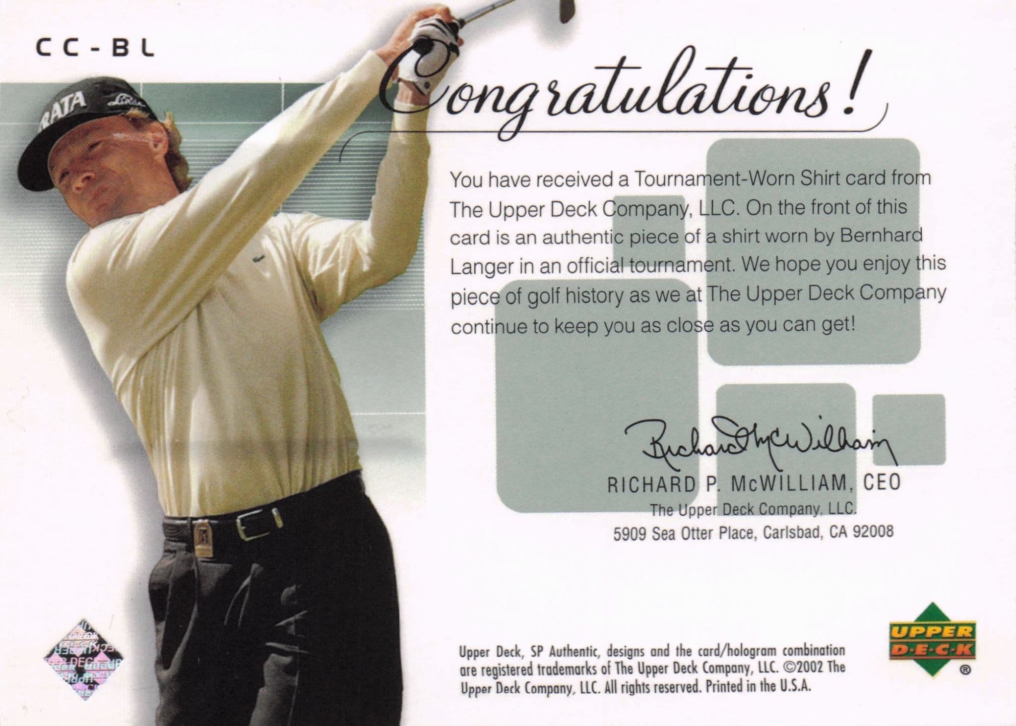 Bernhard Langer Course Classics Upper Deck 2002 Real Relic Golf Shirt Card