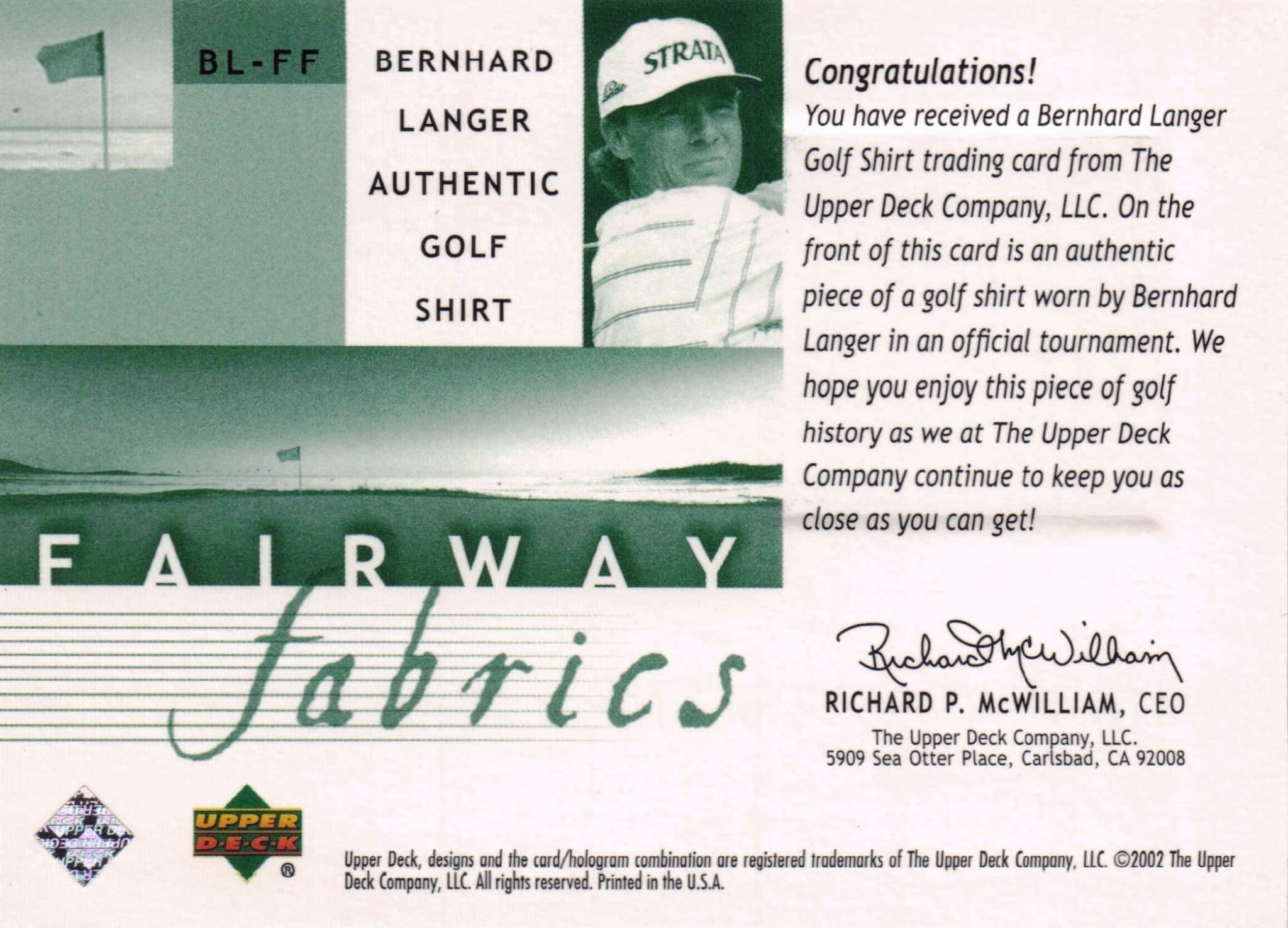 Bernhard Langer Fairway Fabrics 2002 Golf Upper Deck Real Shirt Relic Card