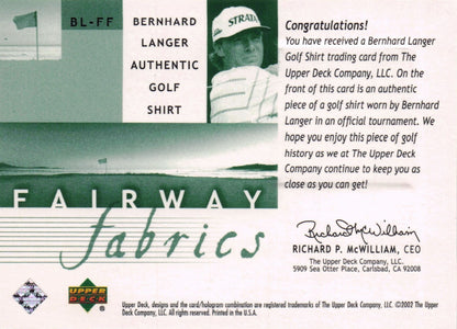 Bernhard Langer Fairway Fabrics 2002 Golf Upper Deck Real Shirt Relic Card