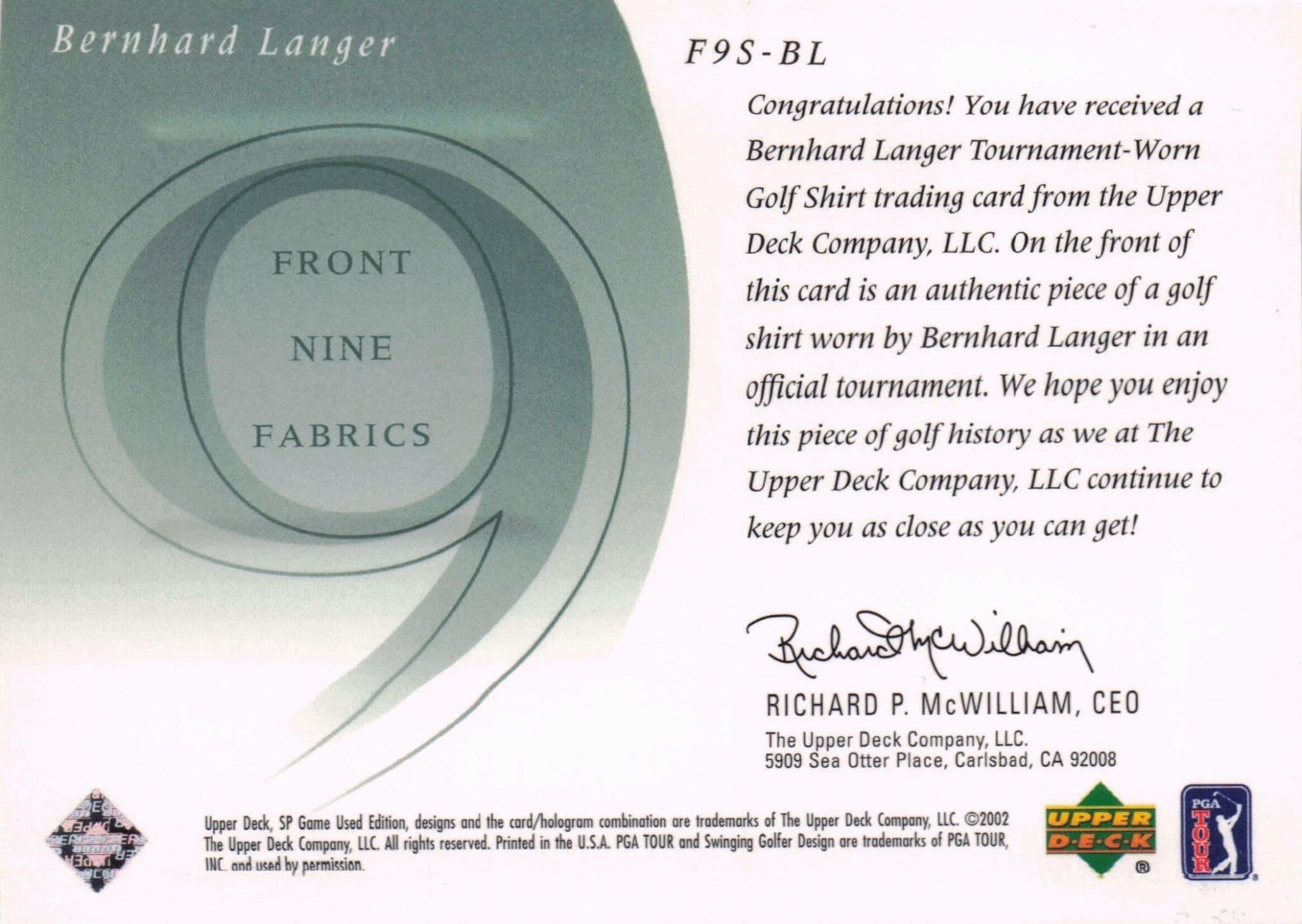Bernhard Langer Front 9 Fabric 2002 Upper Deck Authentic Shirt Card