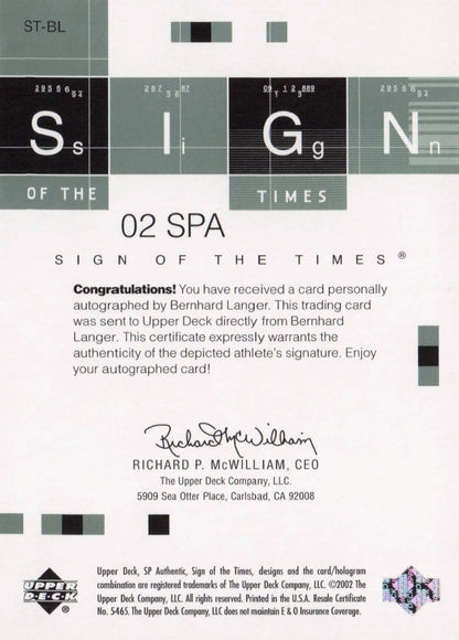 Bernhard Langer Sign Of The Times Hand Signed 2002 SP Golf Autograph Card