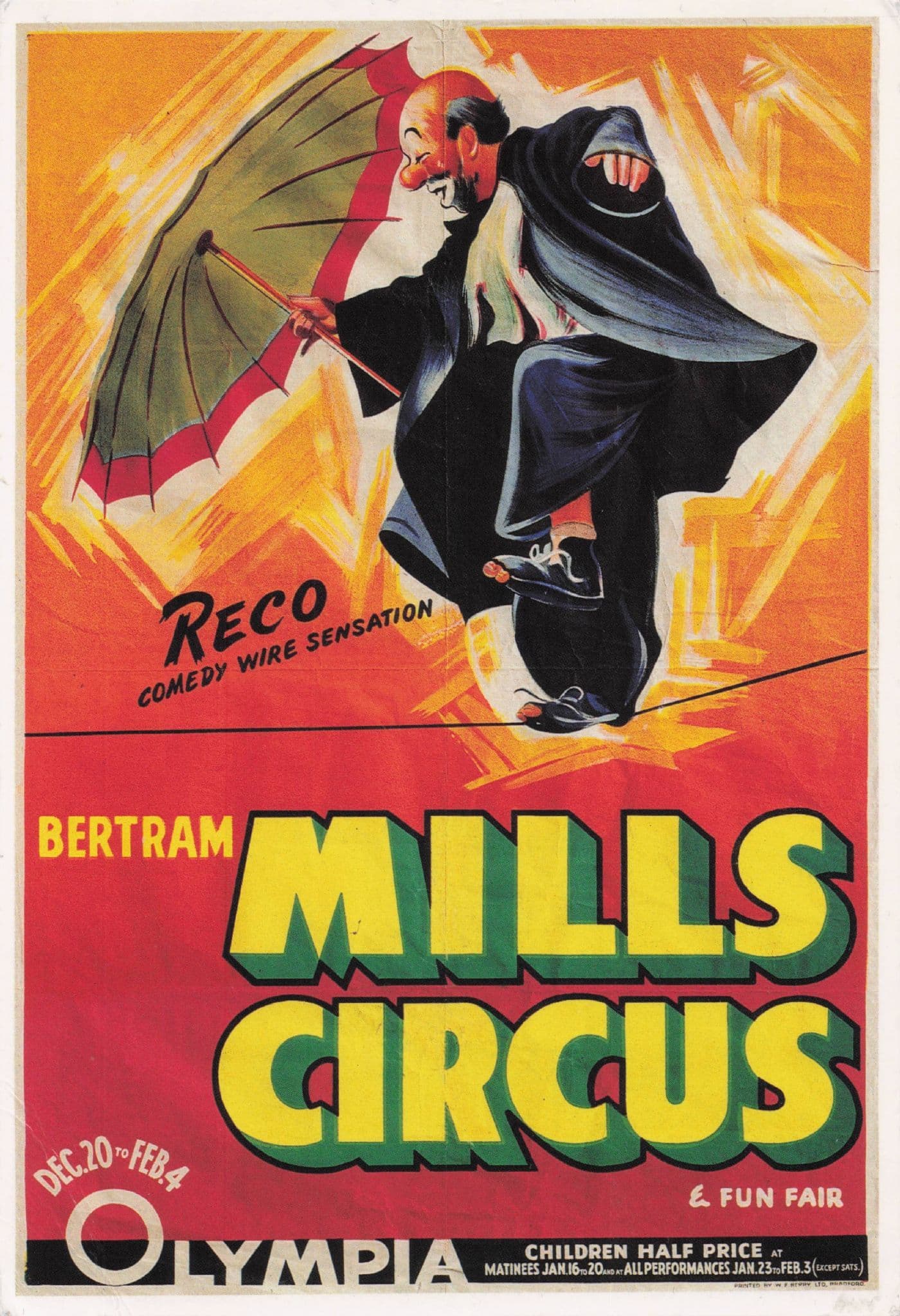 Bertram Mills Circus Clown Tightrope London Advertising Poster Postcard