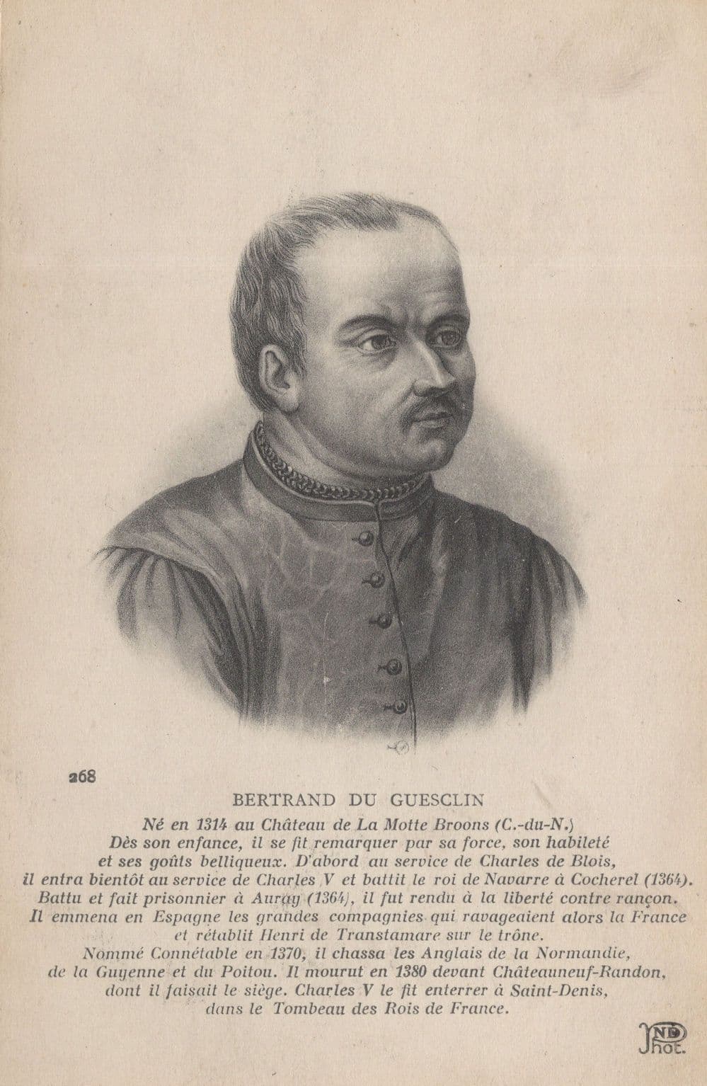 Bertrand du Guesclin King Charles V Military Commander French Postcard