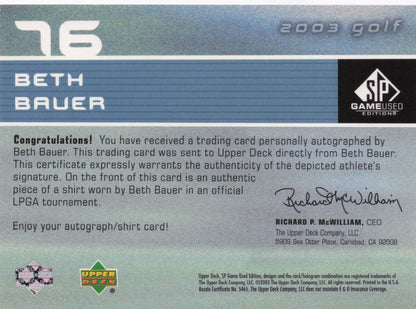 Beth Bauer First Tee SP 2003 Golf Hand Signed Worn PGA Shirt Card