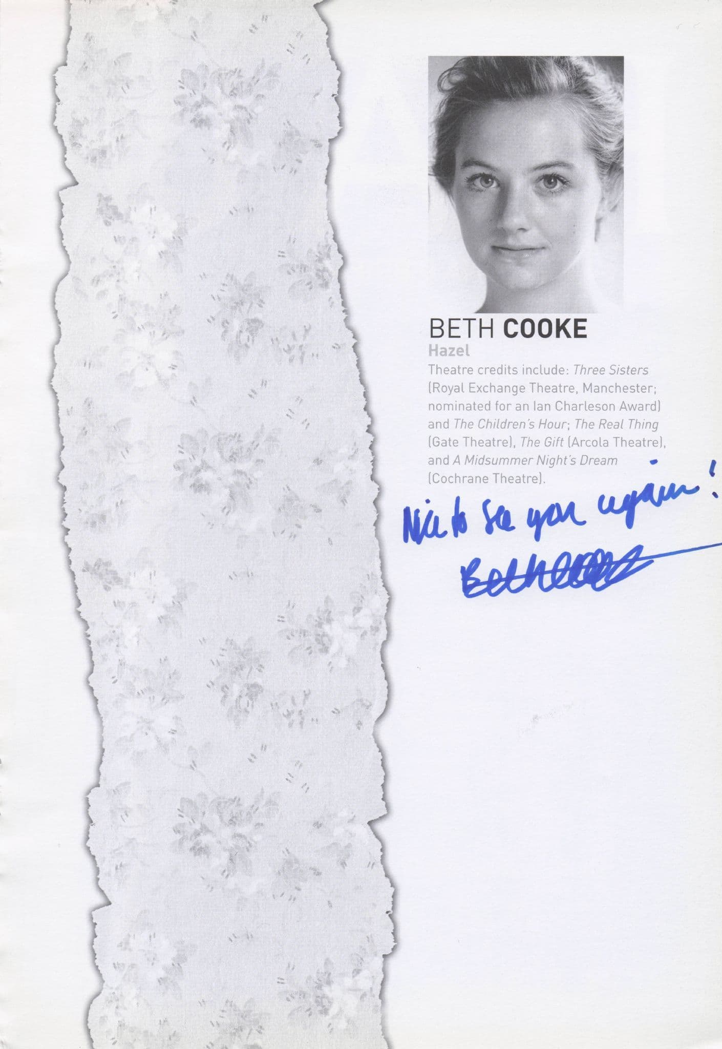 Beth Cooke in Haunted Ghost Play Hand Signed Theatre Photo Page