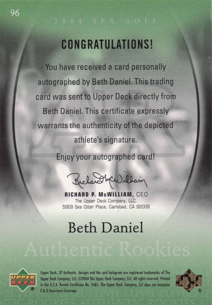 Beth Daniel Authentic Rookies 2004 Golf SP Hand Signed Autograph Card