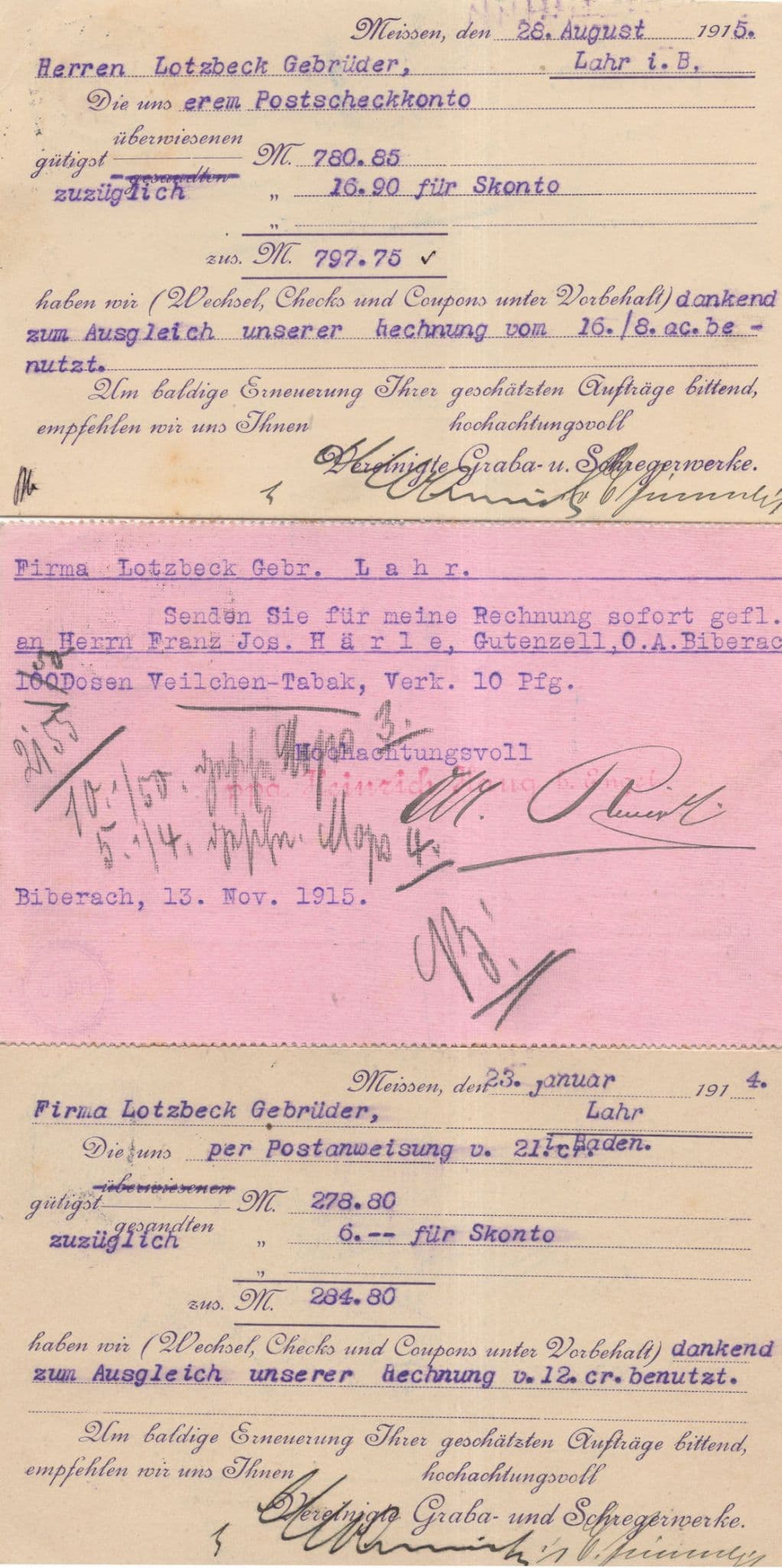 Biberach Meissen 3x Switzerland German WW1 Postcard Receipt s