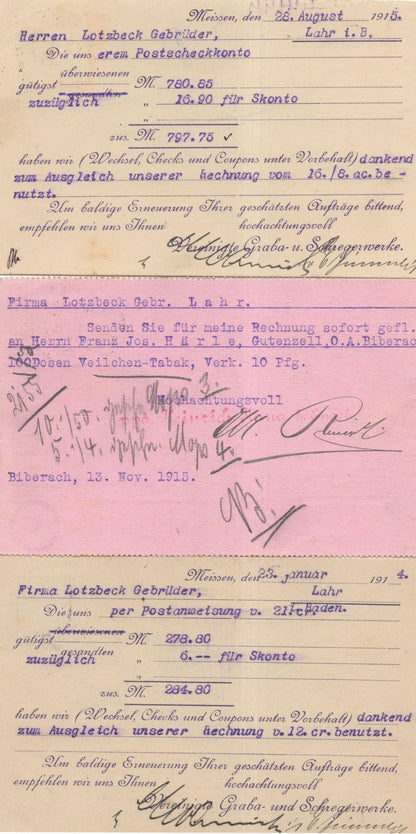Biberach Meissen 3x Switzerland German WW1 Postcard Receipt s