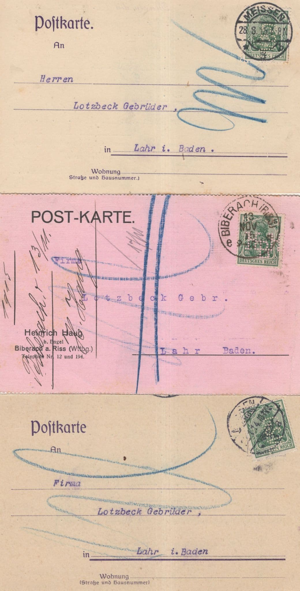 Biberach Meissen 3x Switzerland German WW1 Postcard Receipt s