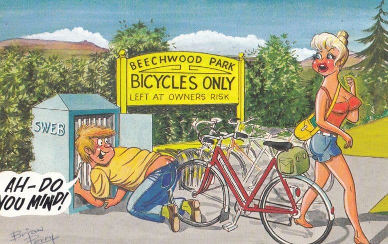 Bicycle Parking Cycle Clamp at Holiday Camping Site 1970s Comic Humour Postcard