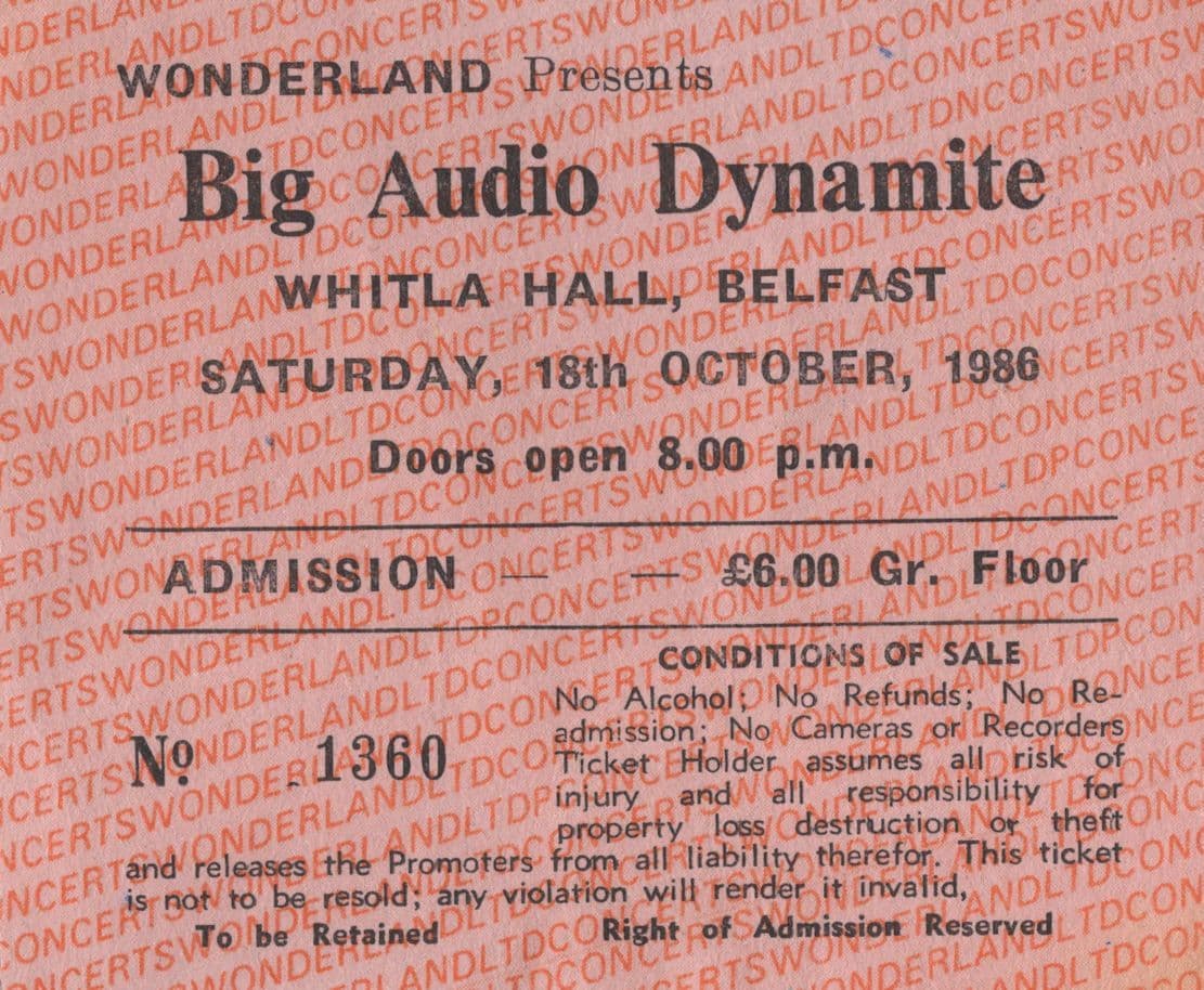 Big Audio Dynamite Whitla Hall Belfast Irish 1986 Concert Ticket