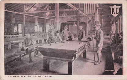 Billiards Table at Knights Of Columbus Halls Maryland Old WW1 1918 Postcard