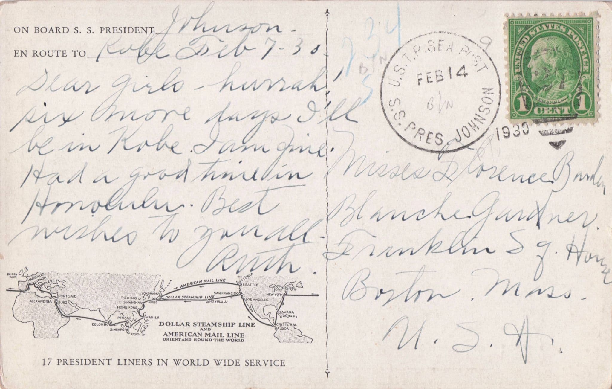 Billiards Table Posted On Board SS President Johnson Ship 1930 Postcard